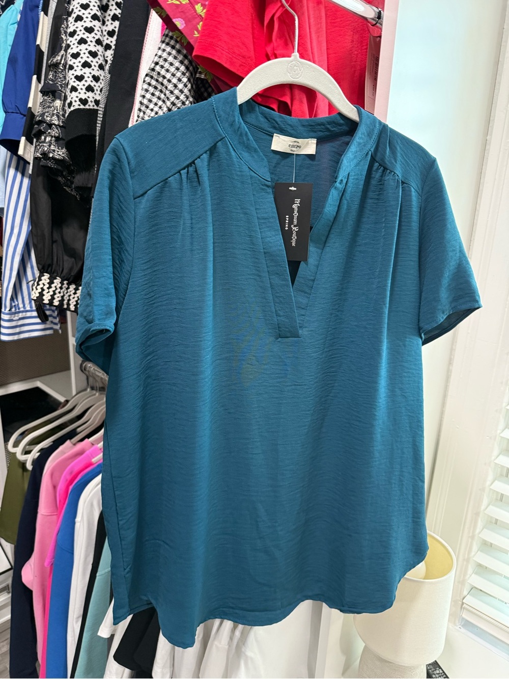 Entro teal Short-Sleeve Split-Neck Top
